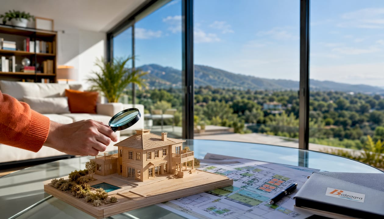 Ein Modellhaus und eine Lupe stehen sinnbildlich für die Bewertung von Immobilien.