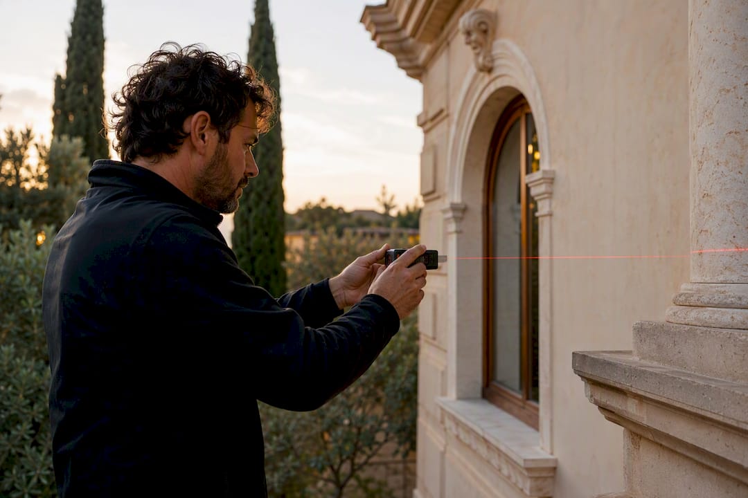 Hände bedienen ein Laser-Messgerät an der Villenfassade