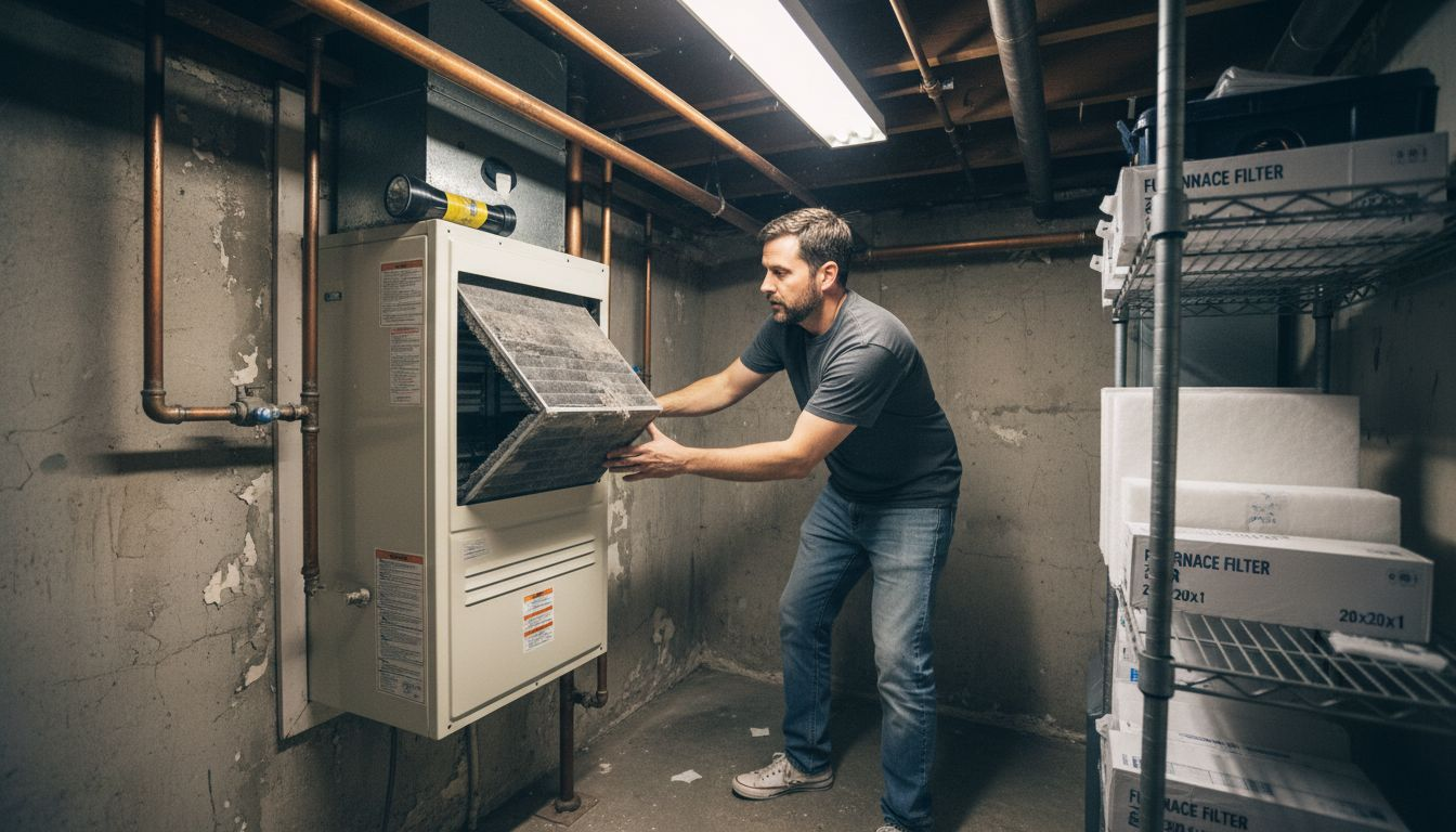 Homeowner replacing dirty HVAC air filter