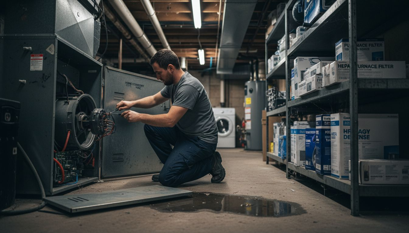 Technician checking furnace blower fan maintenance