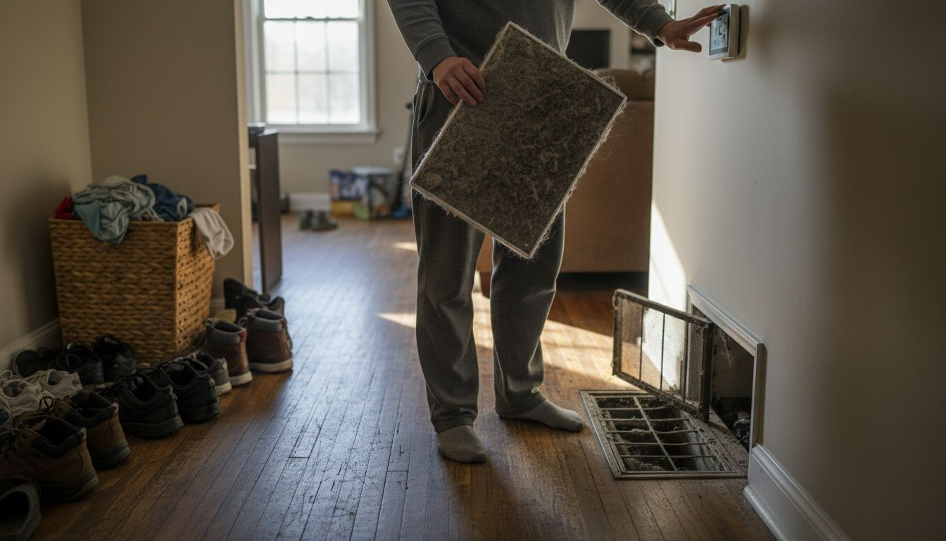 Homeowner checks dirty HVAC filter and thermostat
