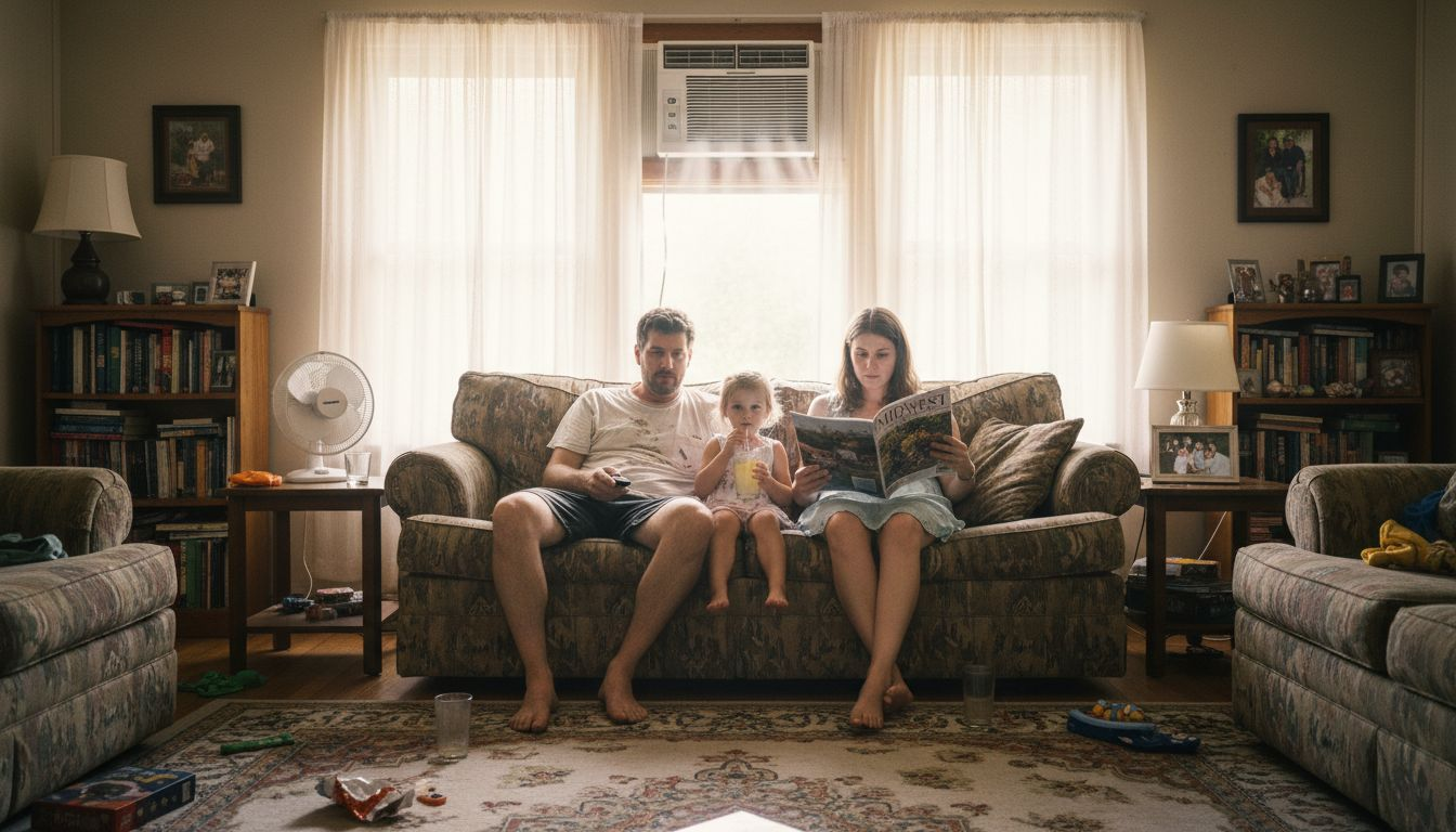 Family enjoying cool air in summer living room