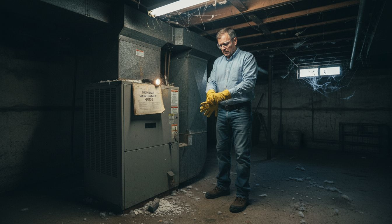 Homeowner using gloves for HVAC inspection