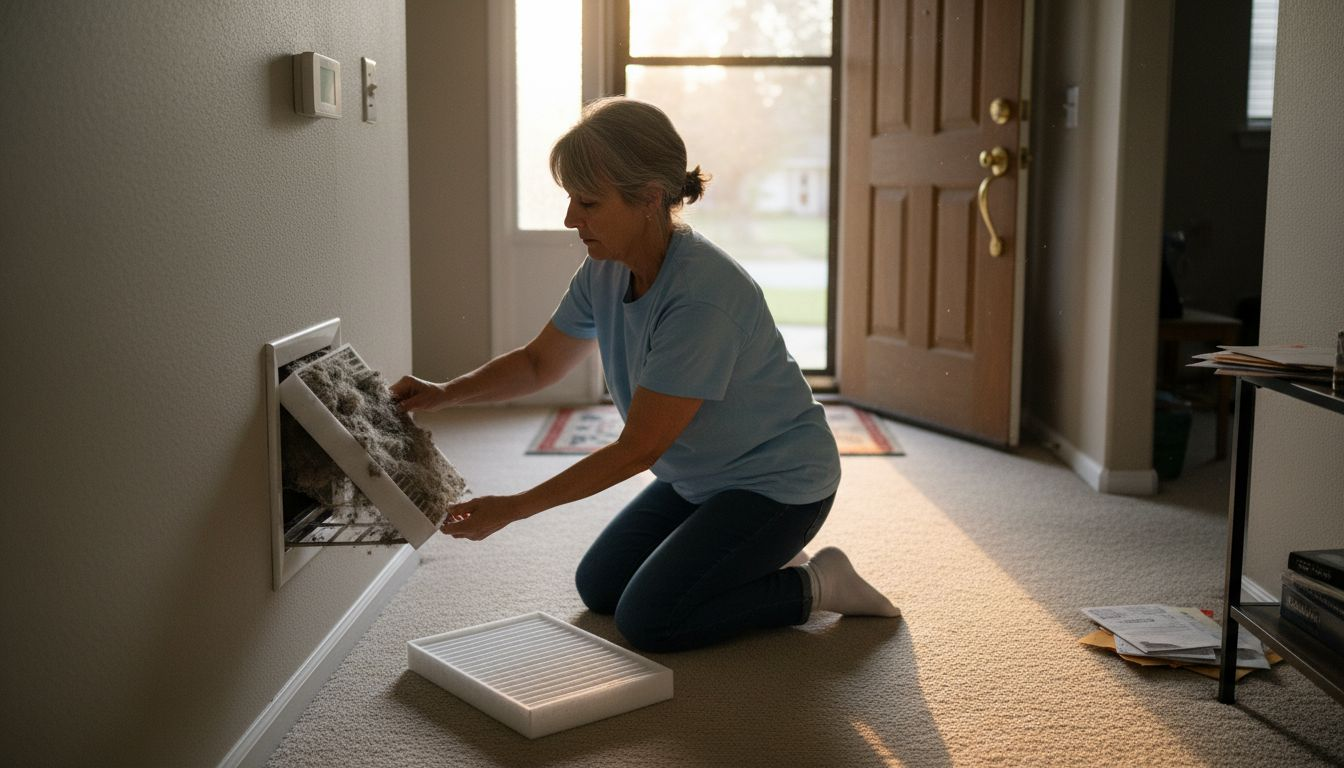Homeowner changing dirty furnace air filter