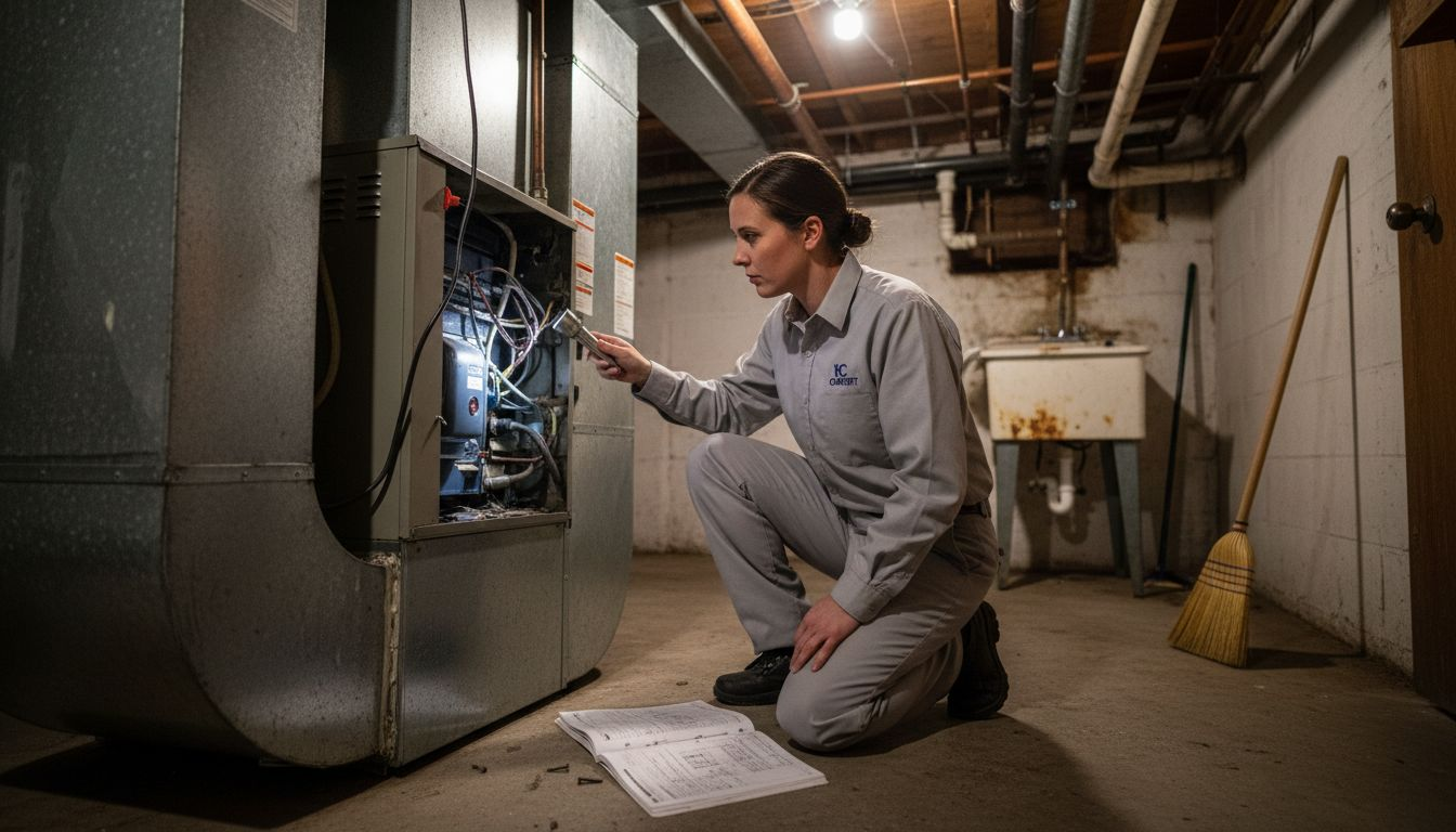 Technician performing indoor HVAC inspection