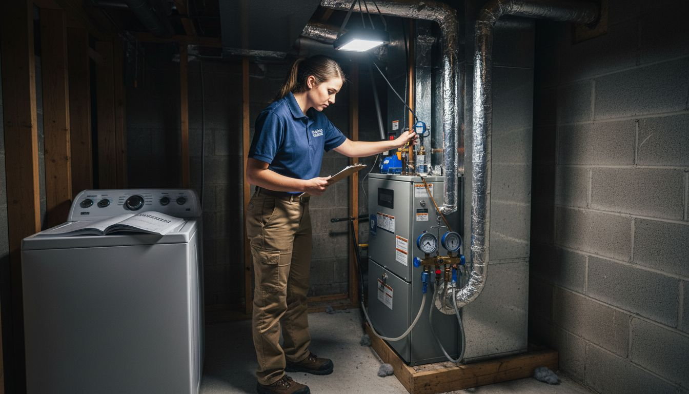 Technician conducting furnace safety inspection