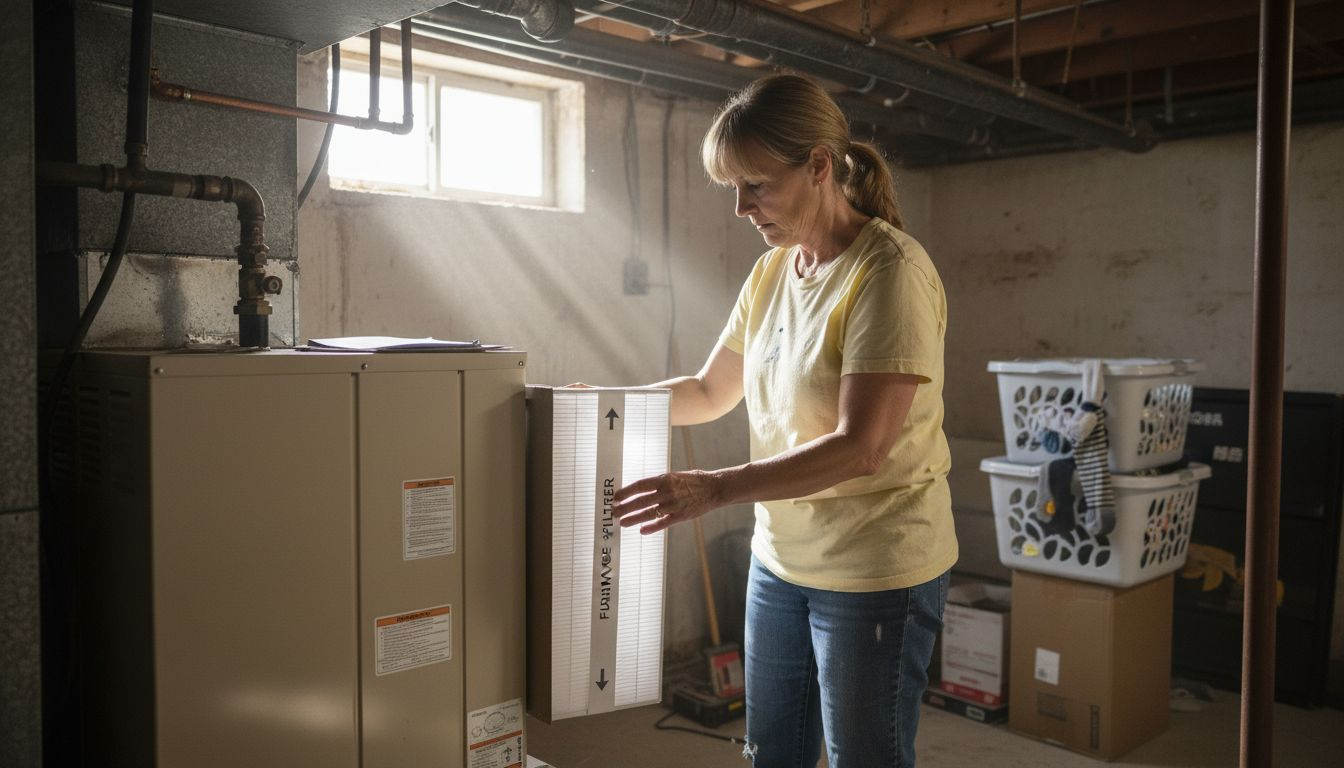 Homeowner changing air conditioner filter in basement