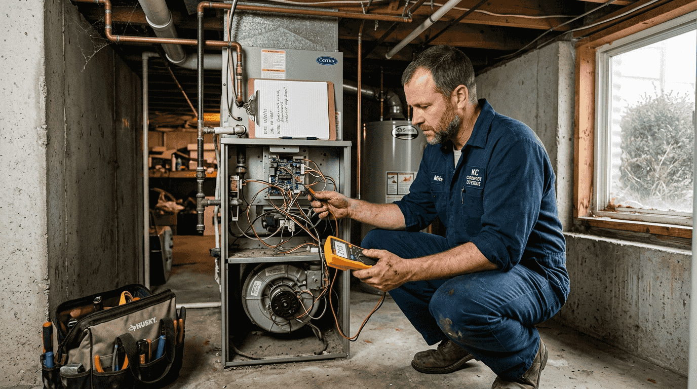 Technician testing furnace wiring in basement
