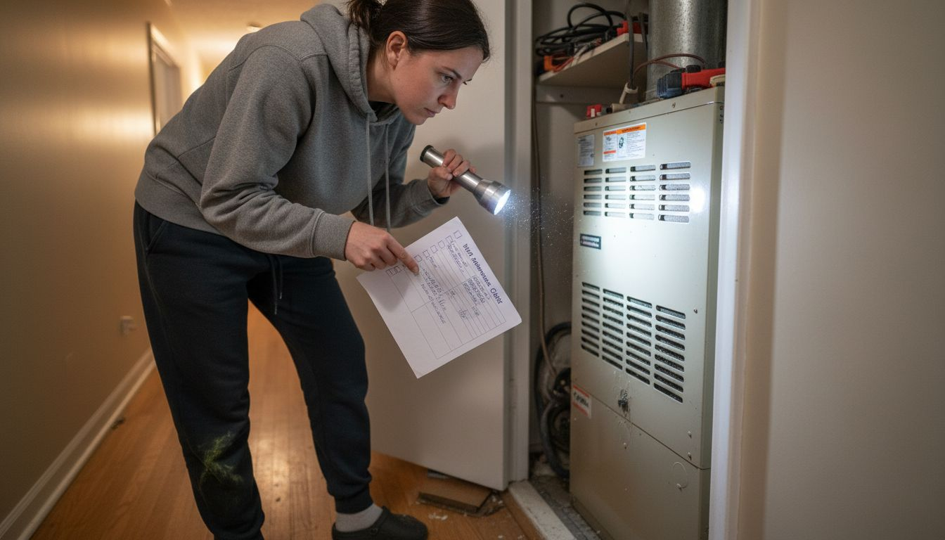 Homeowner checking HVAC maintenance list by furnace