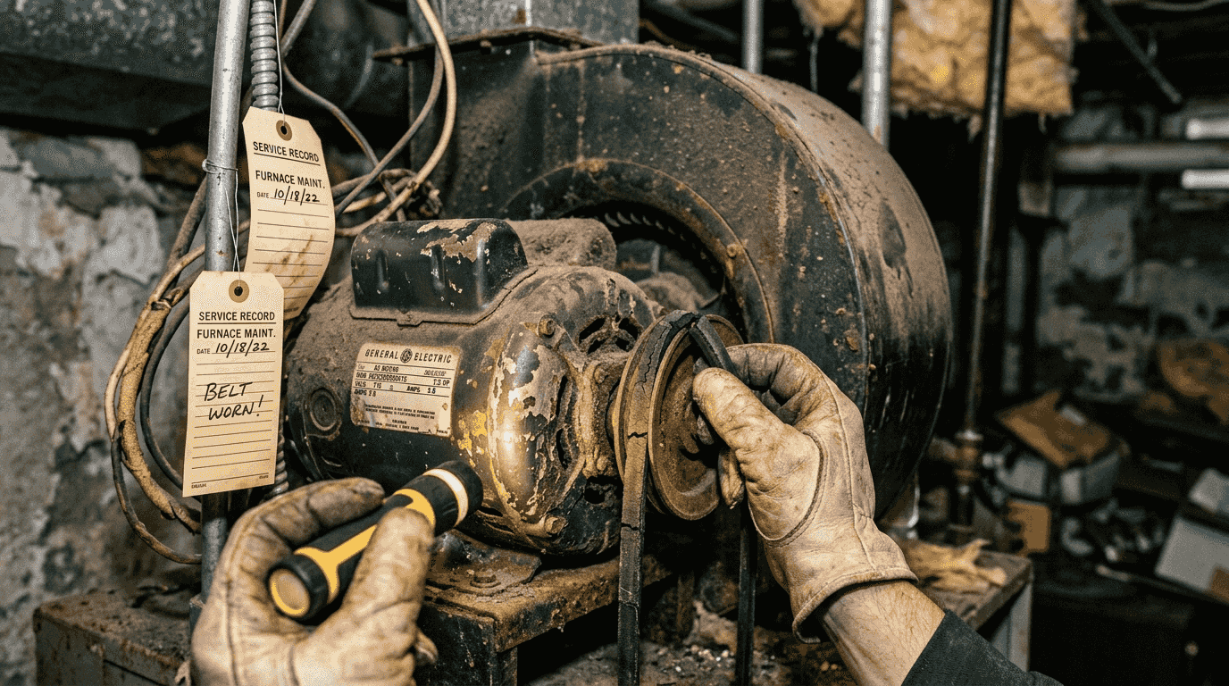 Technician inspecting worn furnace blower motor