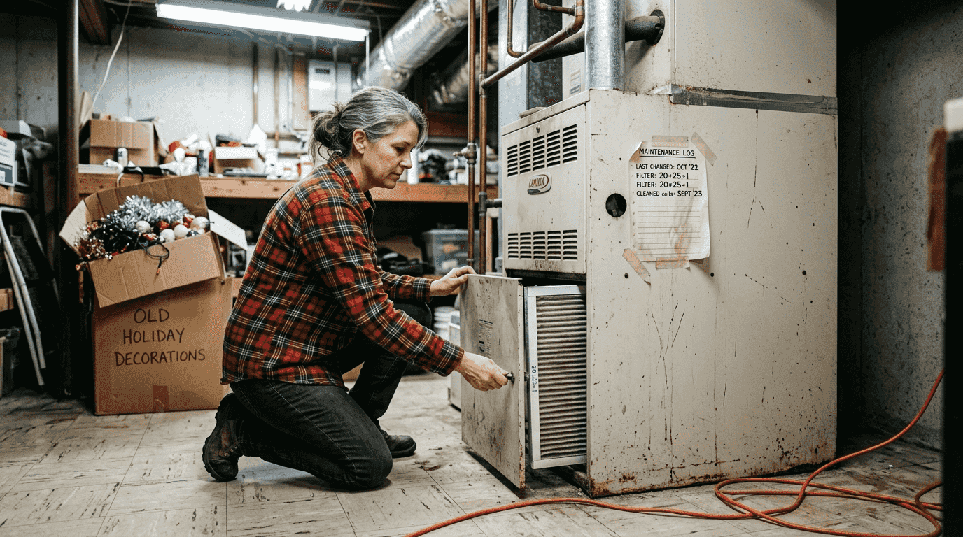 Homeowner checking HVAC filter in basement