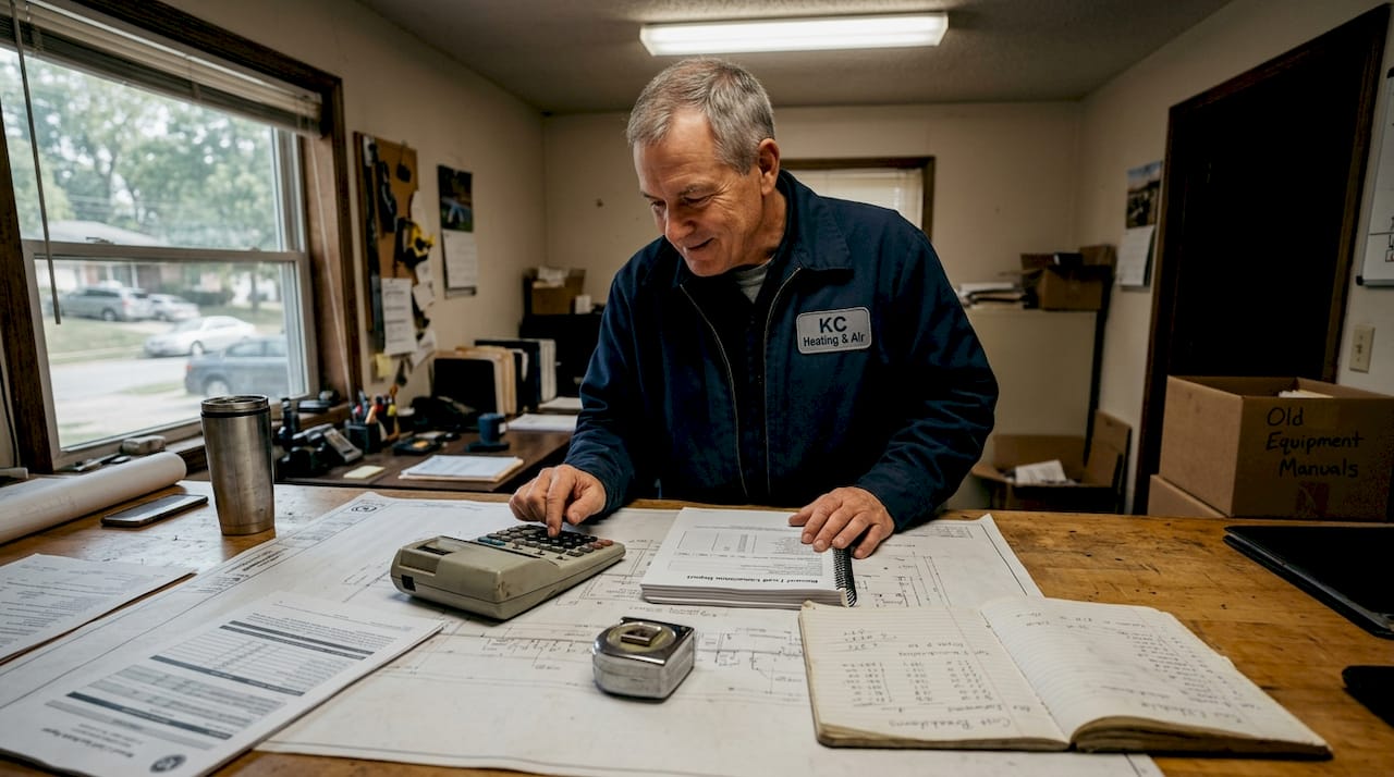 HVAC contractor calculating detailed estimate workspace
