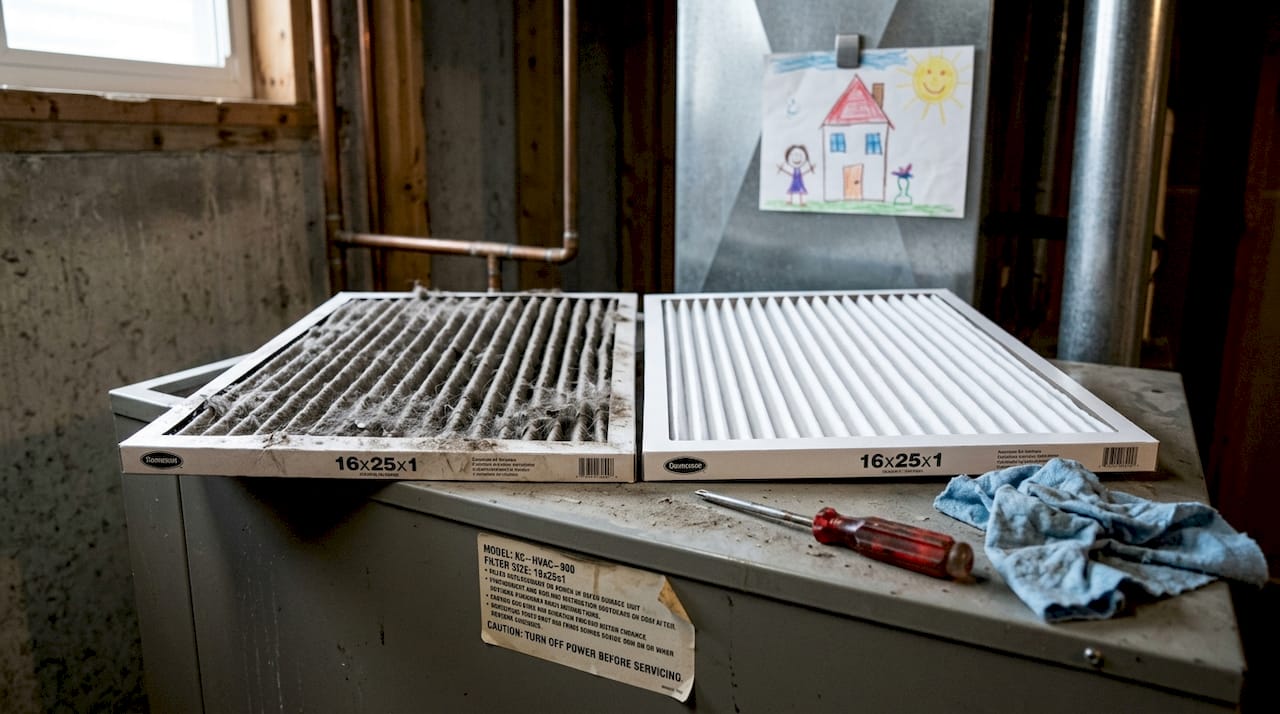 Close-up comparison of clean and dirty air filters