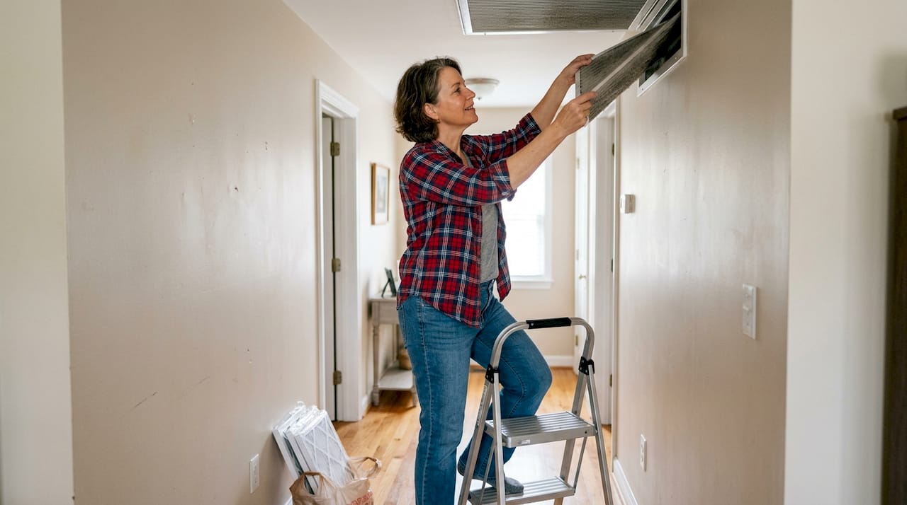 Homeowner replacing dusty AC air filter
