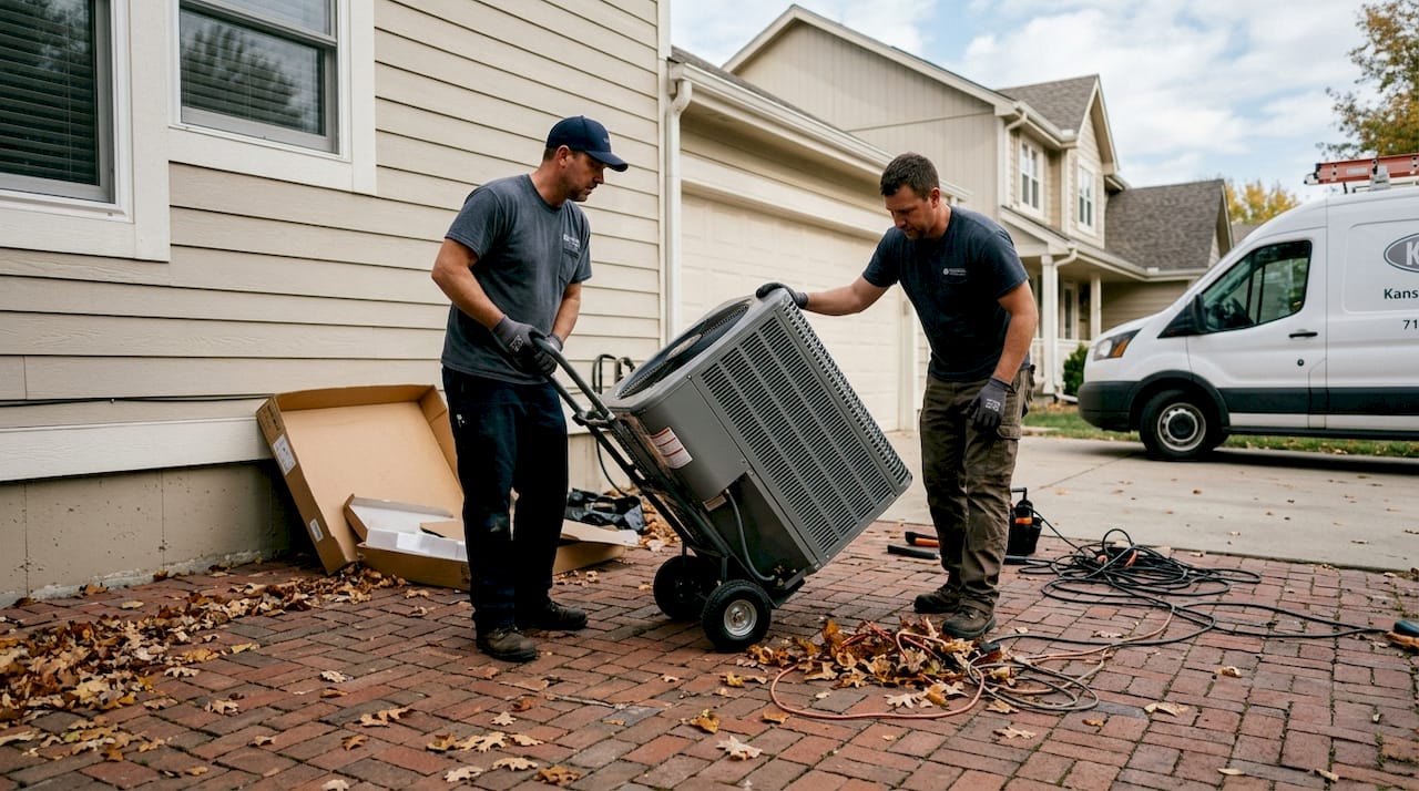 Installers positioning HVAC condenser outdoors
