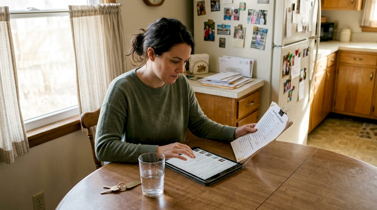 Homeowner scheduling HVAC inspection online at kitchen table