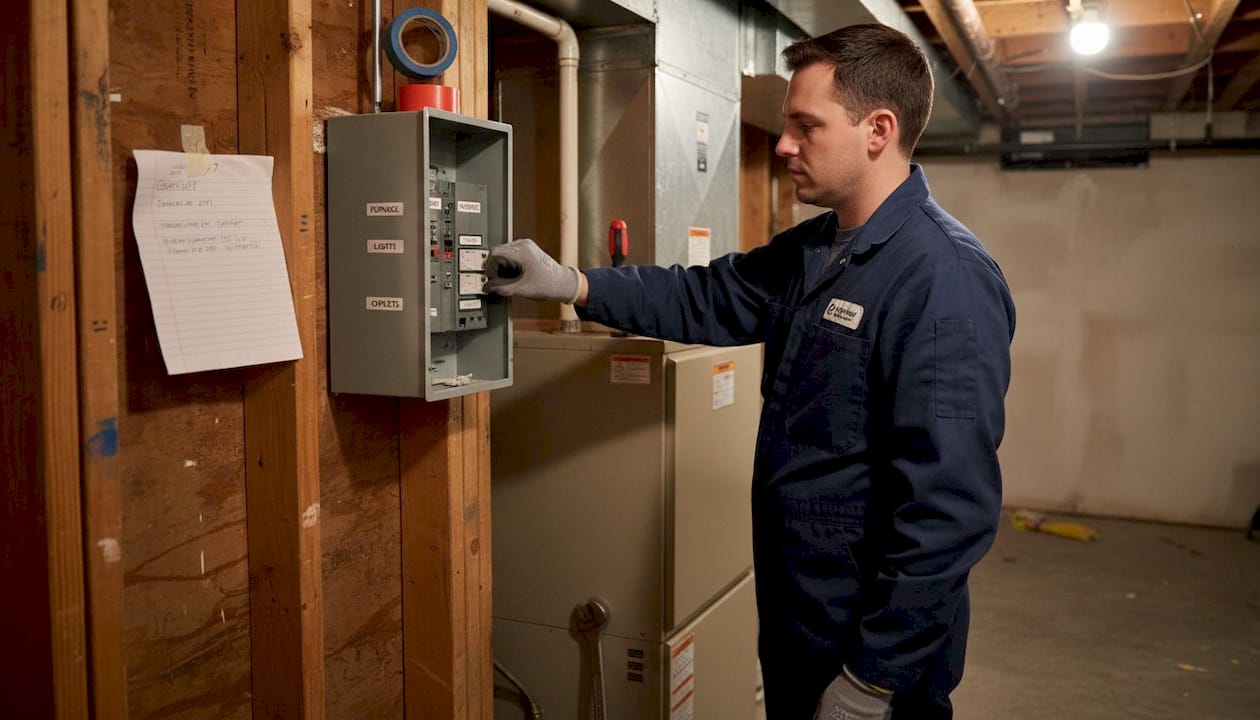 Technician safely preparing for HVAC inspection