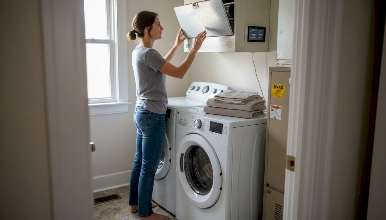 Homeowner checking air vent and AC system