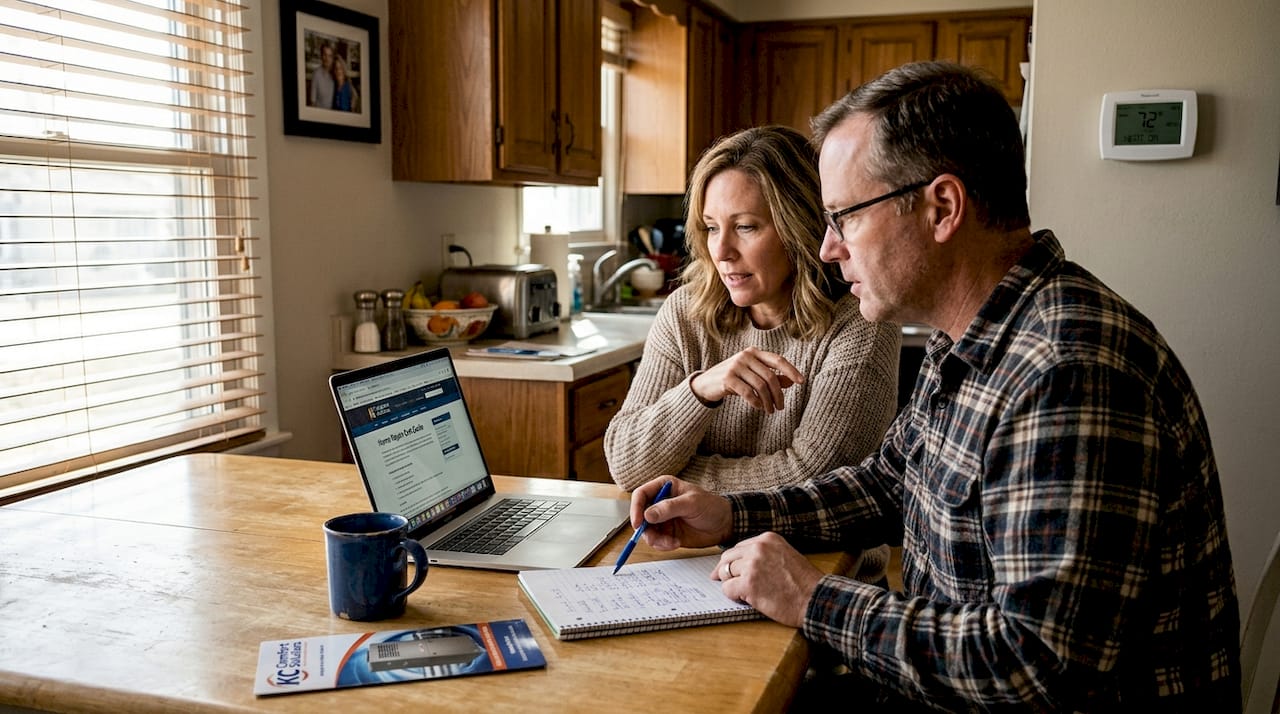 Couple reviewing HVAC repair costs at kitchen table