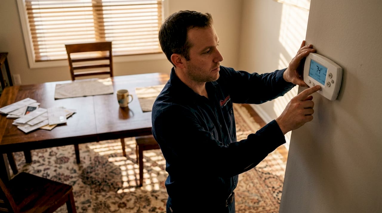Technician adjusting thermostat in dining room