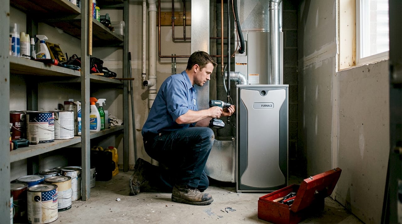 Technician installing high-efficiency furnace
