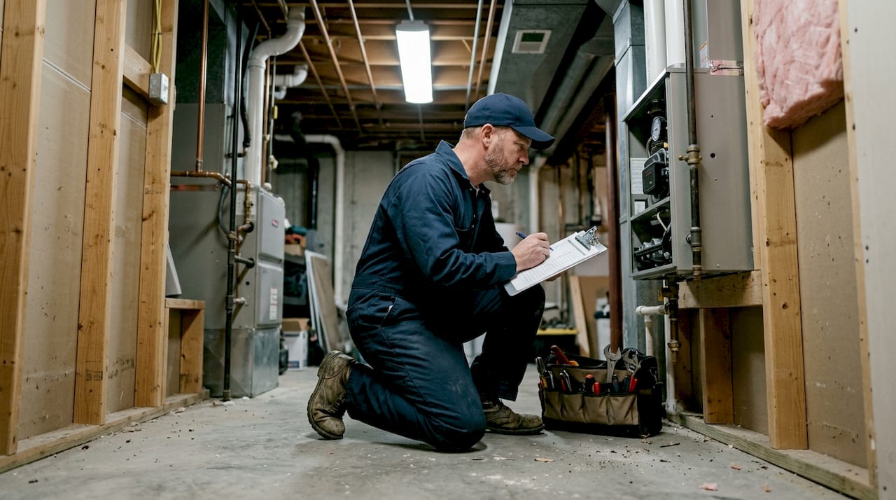 Contractor inspecting HVAC installation basement scene