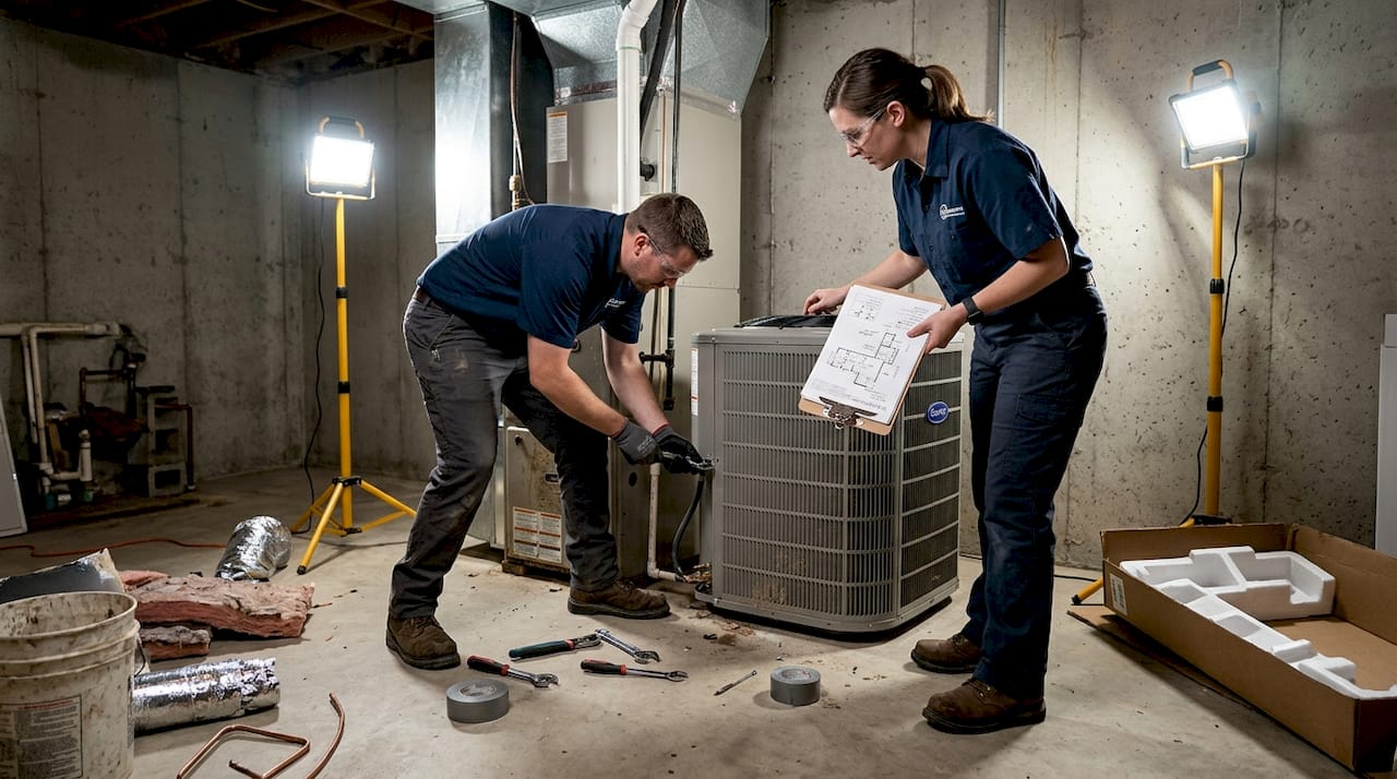 AC installers working in Kansas City basement