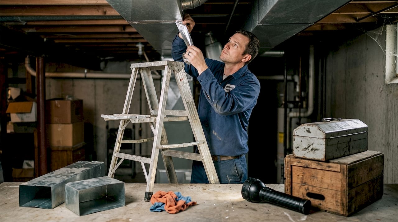HVAC technician sealing duct joints in basement