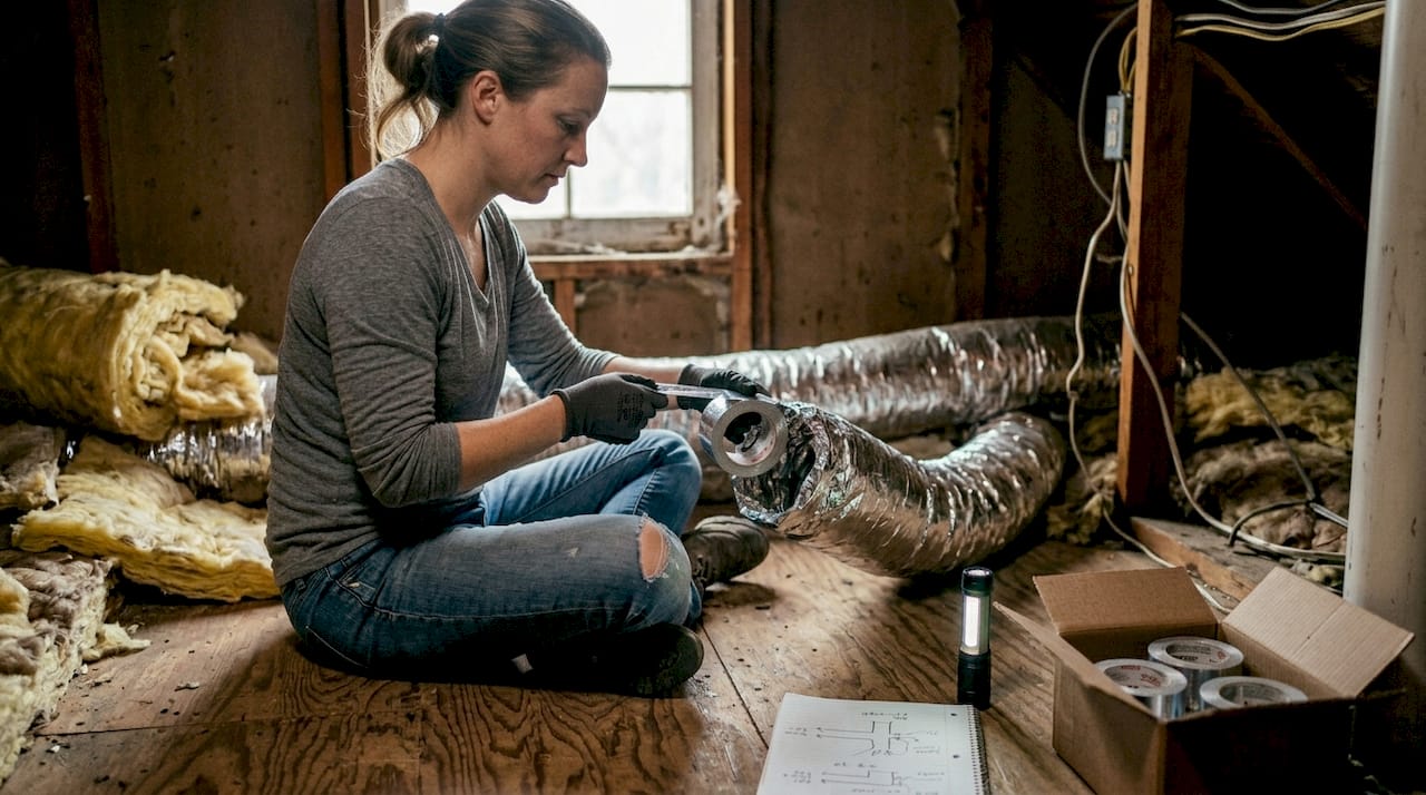 Contractor sealing attic ductwork insulation