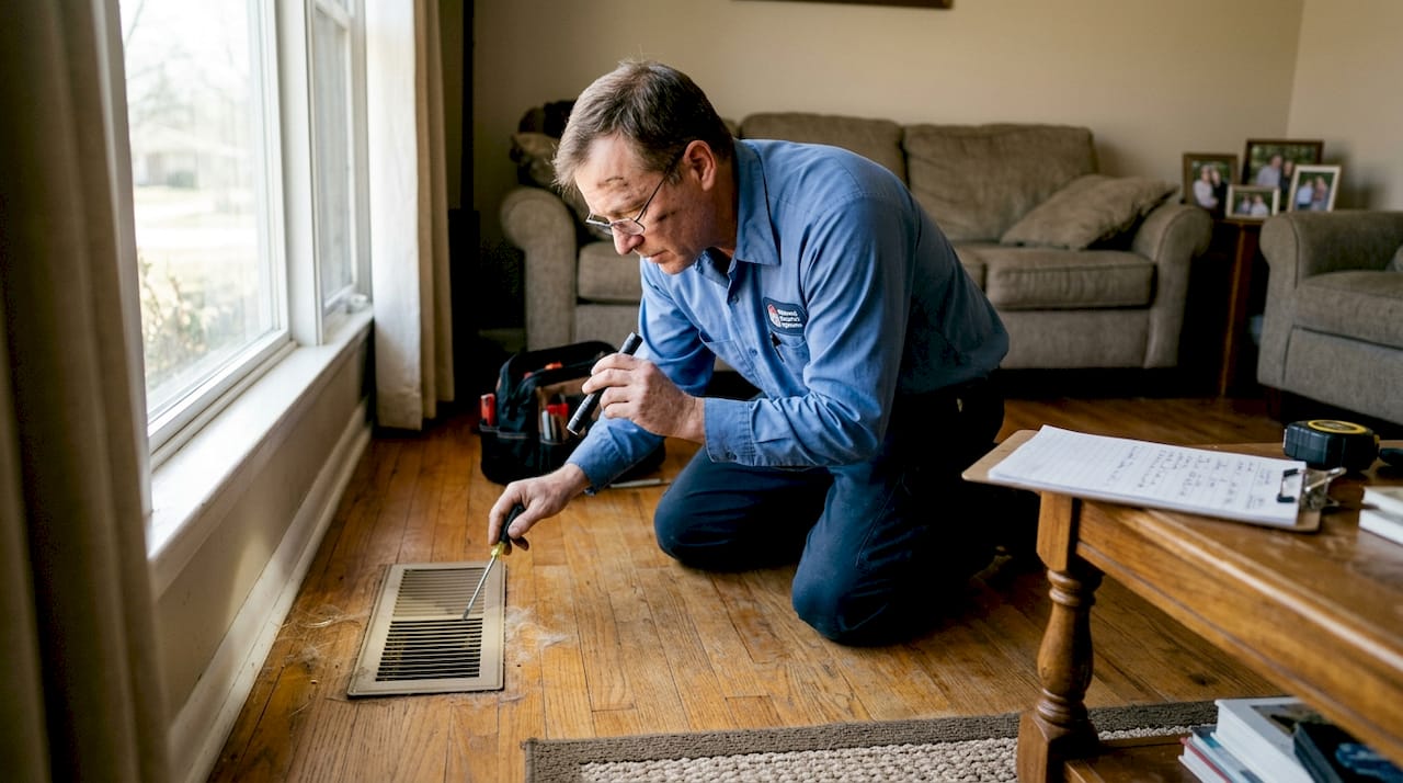 Technician inspecting living room floor vent
