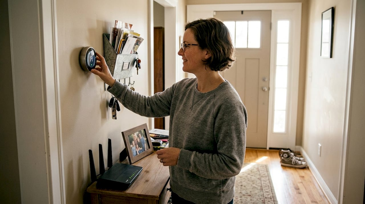 Woman adjusting smart thermostat in hallway