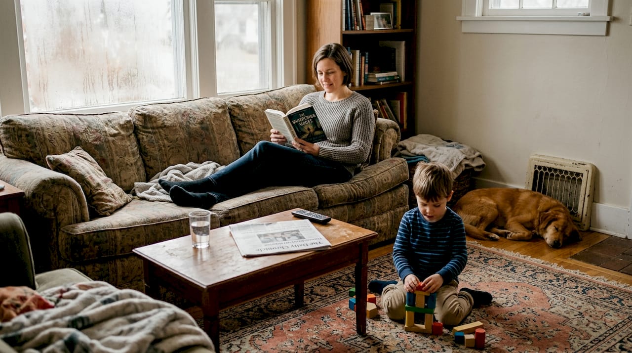 Family relaxing in winter living room with HVAC vent