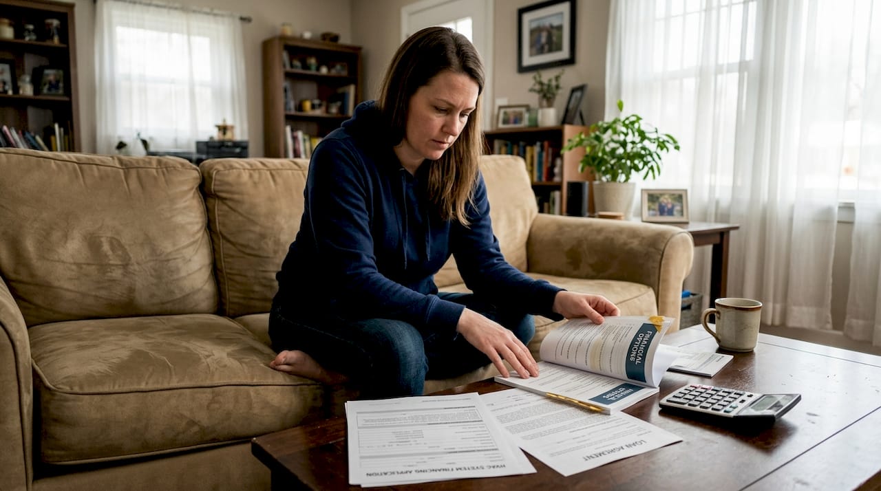 Woman reading HVAC loan documents on sofa