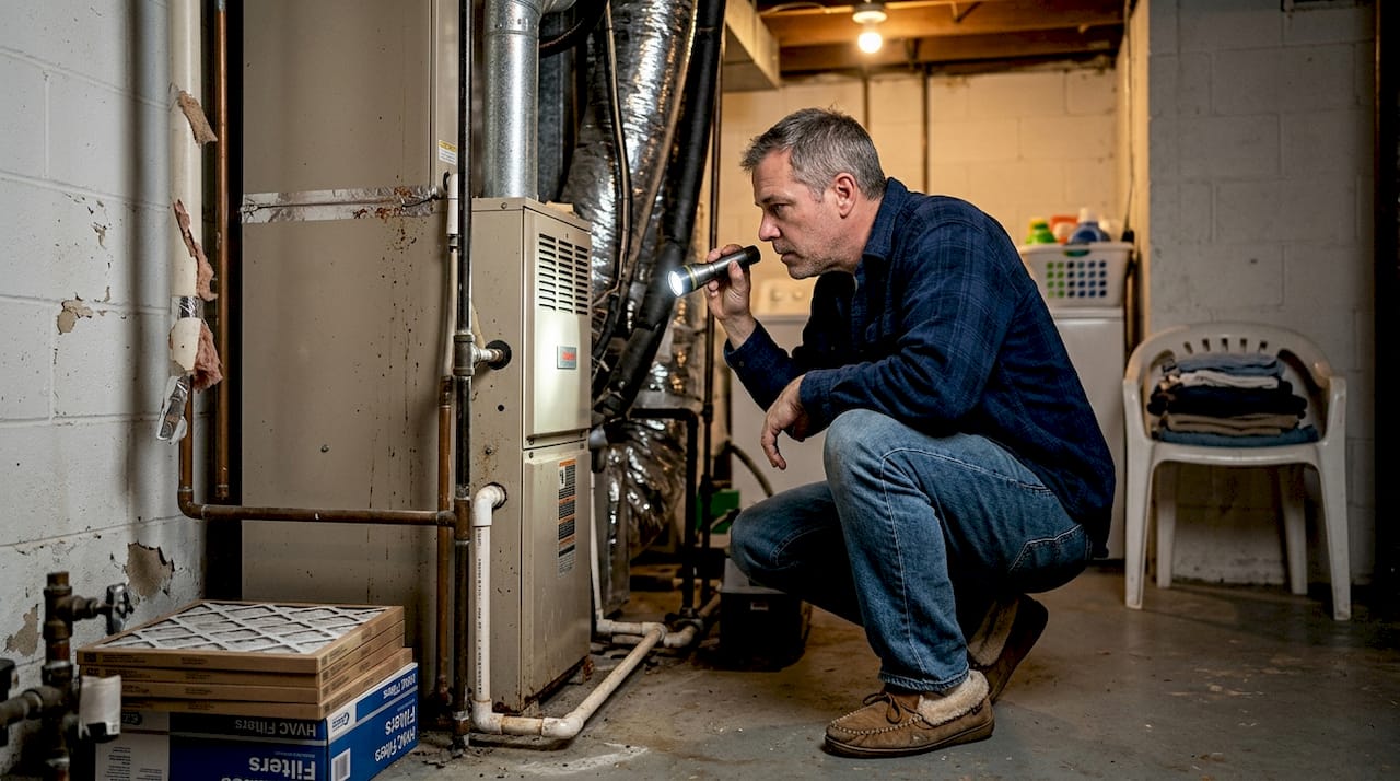 Homeowner inspecting basement furnace and ducts