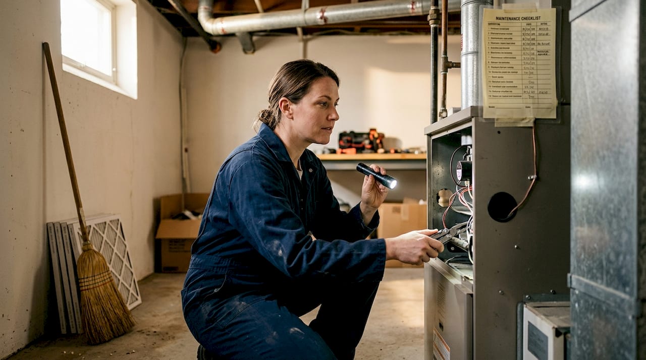 Technician inspecting home furnace components