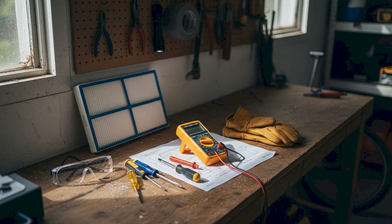 Furnace repair tools and safety gear displayed