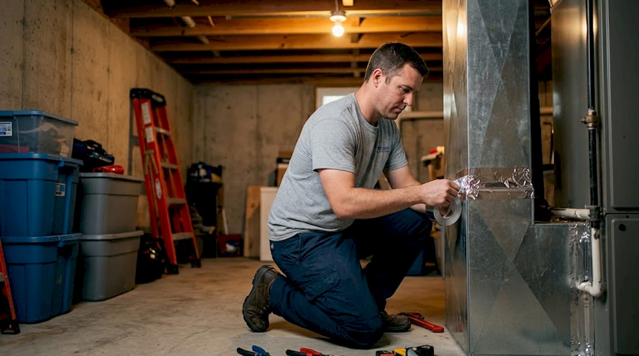 Technician sealing HVAC ductwork in basement