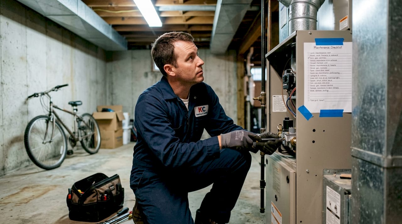 Technician servicing HVAC system in basement