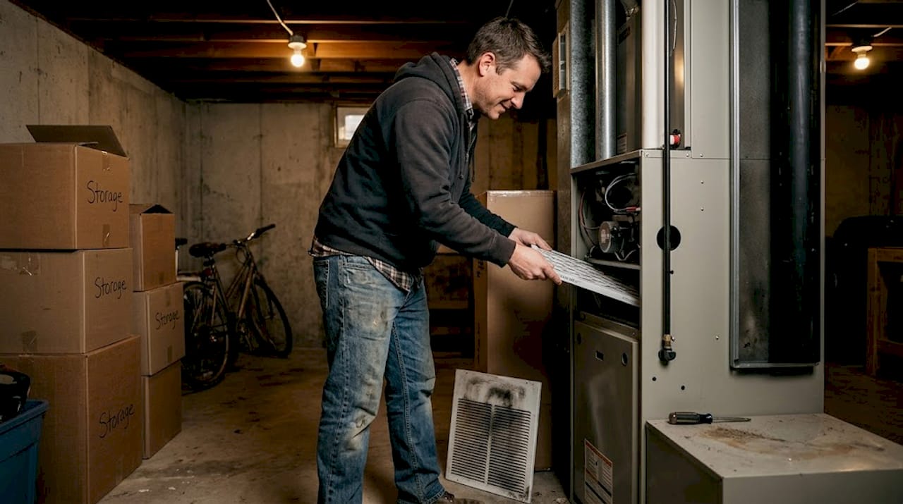 Homeowner replaces furnace filter in basement