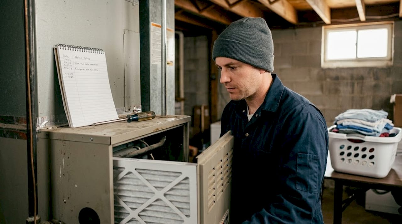 Technician inspecting furnace filter in basement