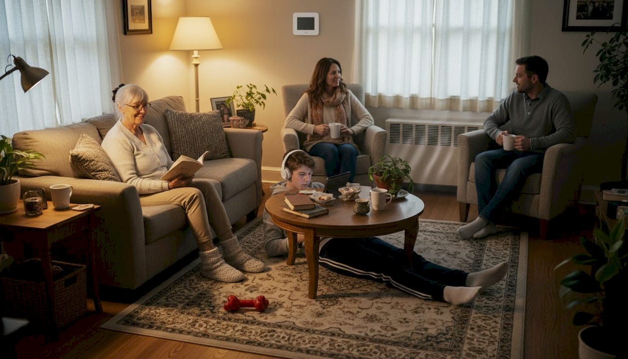 Family enjoys evenly heated, cozy living room