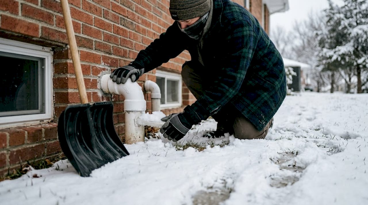 Person examining snow-blocked furnace vent outside