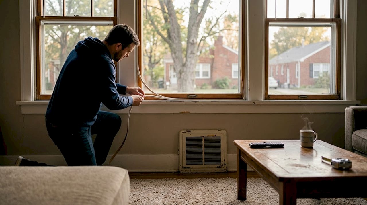 Applying weatherstripping to drafty home window