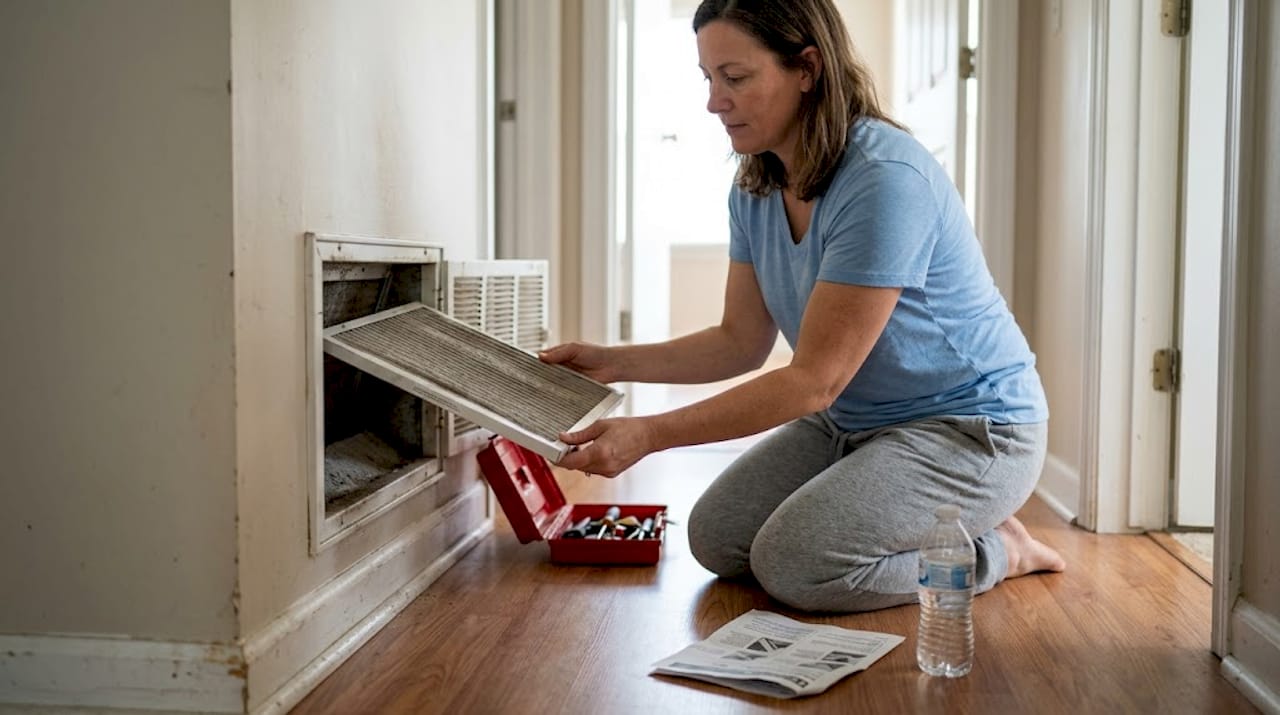 Homeowner replacing dirty AC filter in vent