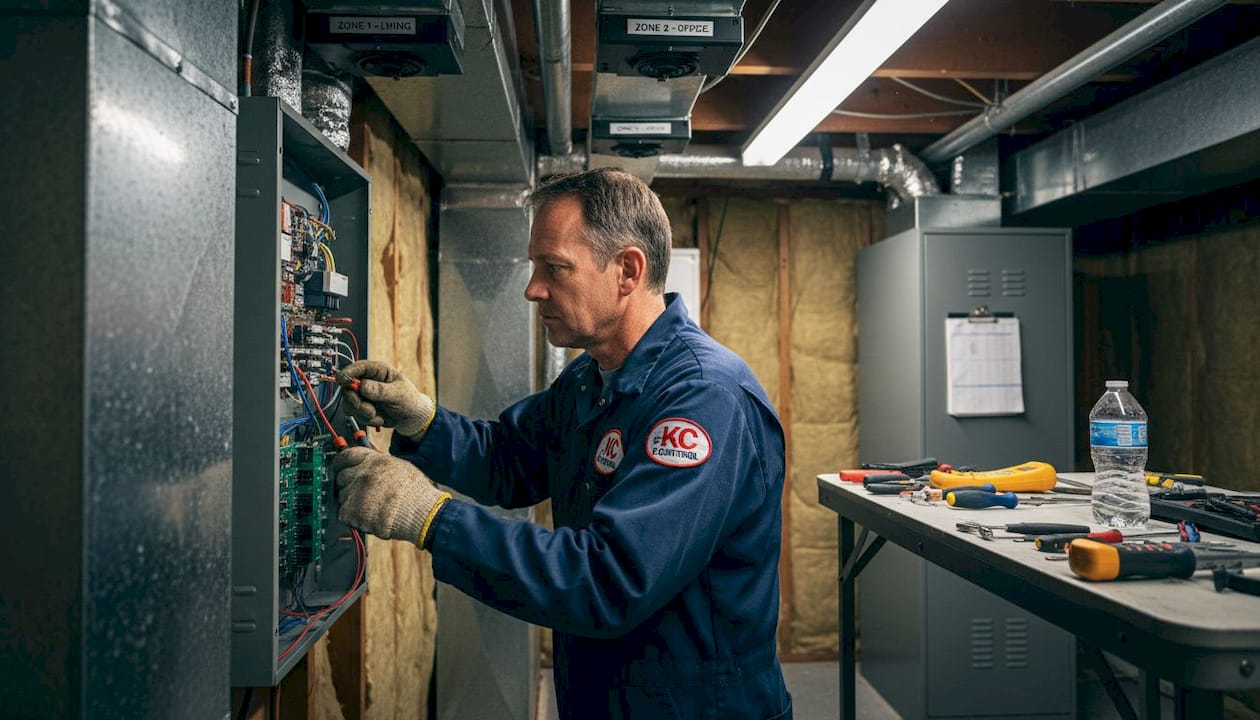 Technician checking hvac zone control panel