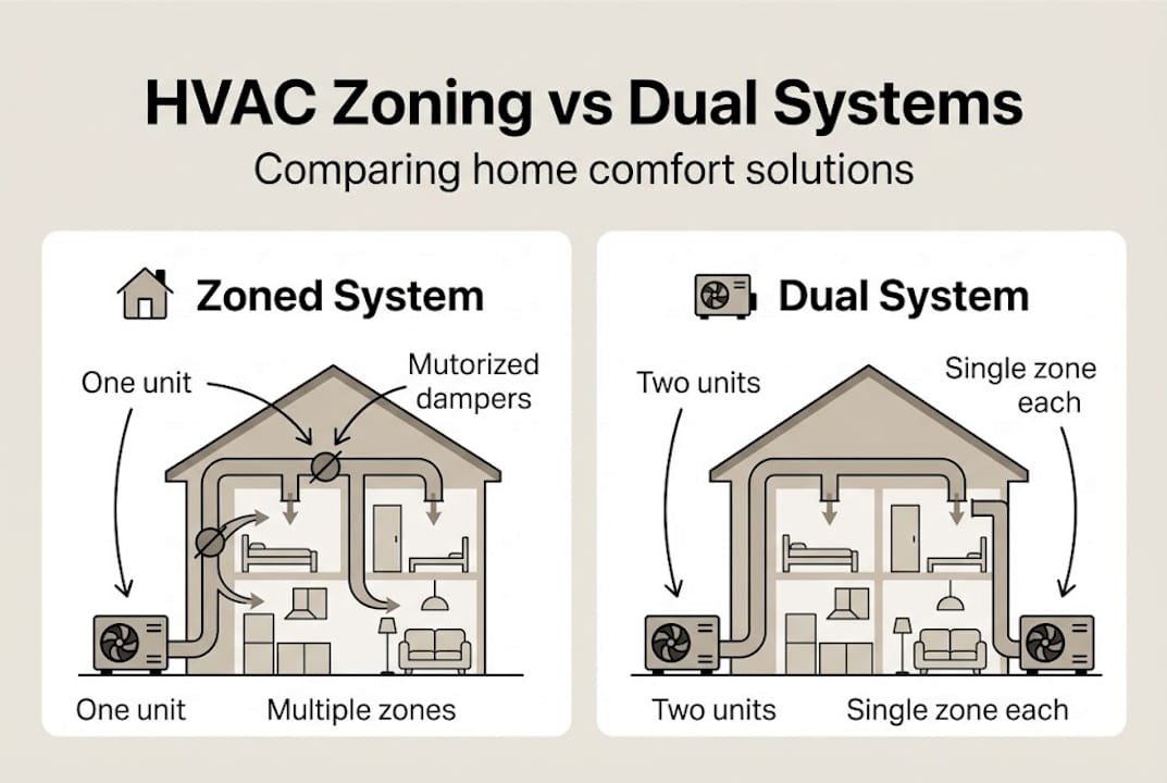 Infographic comparing hvac zoning and dual systems