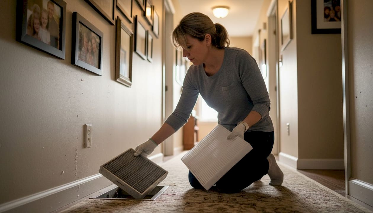 Woman replaces dusty HVAC air filter at home