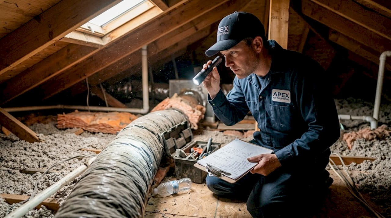 Contractor inspecting ducts in home attic