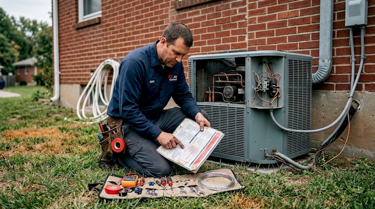 Technician servicing air conditioner by brick house