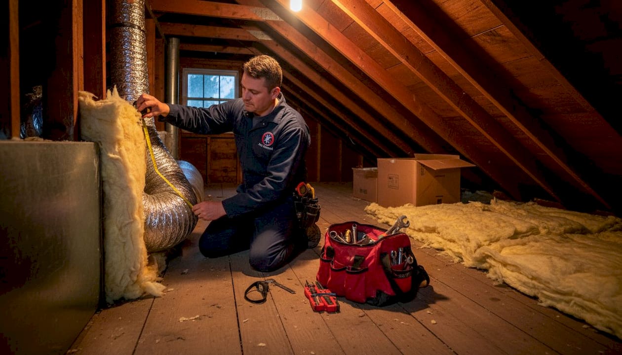 Technician measuring attic insulation for HVAC